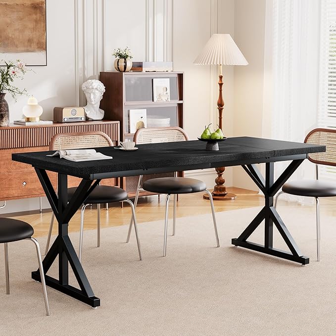 Farmhouse Dining Table for 6 People, 70.8 Inch Rectangular Wood Dining Table, Rustic Kitchen Table with Extra Heavy Duty Metal Legs for Dining Room-Black