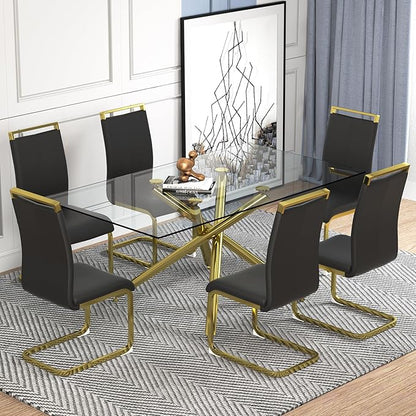 71” Glass Dining Table, Large Dining Table for 6–8 People with 0.4" Thick Tempered Glass Top, Modern Kitchen Table with Gold Metal Leg for Kitchen Dining Room