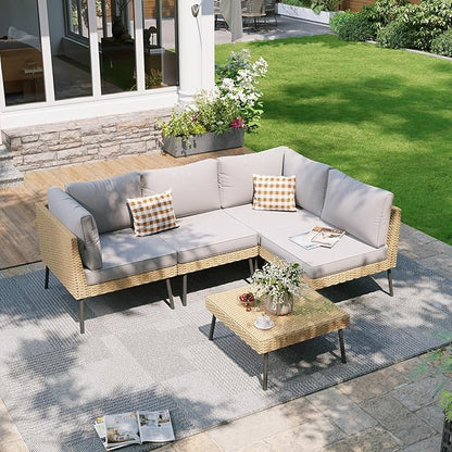 Aoxun 5-Piece Patio Furniture Set, Wicker Outdoor Furniture with Water Resistant Thick Cushions, Patio Conversation Set Outdoor Sectional Sofa with Coffee Table for Backyard Poolside, Light Grey