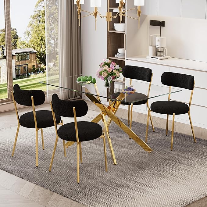 51" Glass Dining Table for 4-6, Contemporary Rectangular Dining Room Table with Tempered Glass Top & Gold Finish Metal Legs, Modern Elegant Dining Table for Home Kitchen