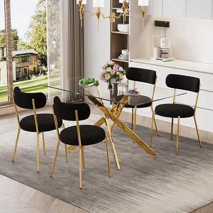 51" Glass Dining Table for 4-6, Contemporary Rectangular Dining Room Table with Tempered Glass Top & Gold Finish Metal Legs, Modern Elegant Dining Table for Home Kitchen