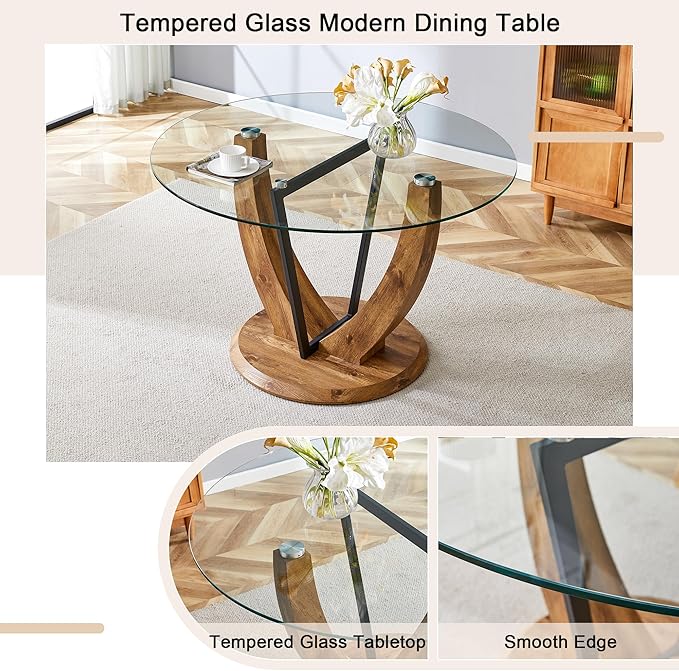 JUFU Round Dining Table for 4/6, 48 Inch Dining Room Table, Wood Small Kitchen Table with Stable Pedestal, Modern Glass Dining Table for Kitchen,Living Room,Apartment,Restaurant