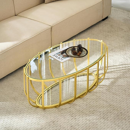 Saint Mossi Glass Oavl Coffee Table for Living Room, Mid Century Modern 2-Tier Gold Drum Center Table, Clear Glass Top with Gold Finish Legs & Frame, D42xW23xH16