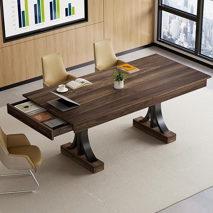 Garvee 71-Inch Wooden Kitchen Table with Two Drawers, Large Dining Table for 6-8 w/Large Tabletop & Sturdy Frame, Rectangular Dining Table with Double Pedestal, for Kitchen, Dinner
