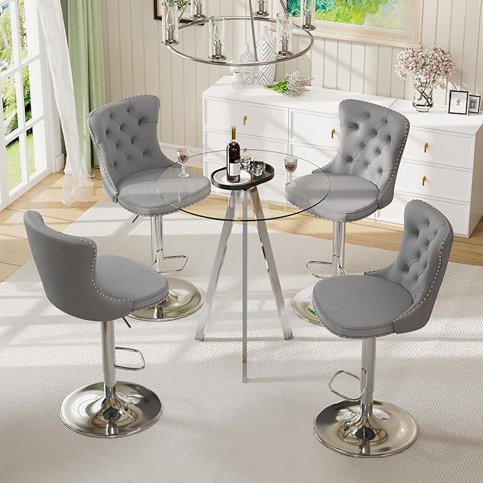 Small Round Bar Table and Adjustable Barstools Set for 4, Glass Counter Height Table with 4 Velvet Bar Chairs Swivel Island Chairs for Bistro Pub (Silver Metal Leg, Clear Top + Grey Chair)