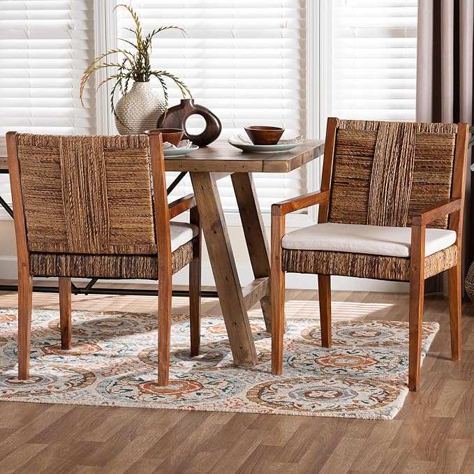 Bali & pari Chabela Handwoven Seagrass Armchairs - Solid Mango Wood Frame Dining Chair with Woven Seat and Backrest, Rustic Boho Style Kitchen or Dining Room Seating, Medium Brown