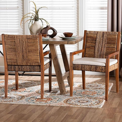 Bali & pari Chabela Handwoven Seagrass Armchairs - Solid Mango Wood Frame Dining Chair with Woven Seat and Backrest, Rustic Boho Style Kitchen or Dining Room Seating, Medium Brown