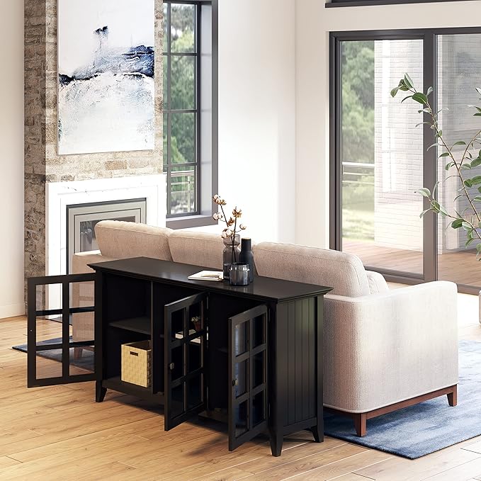 SIMPLIHOME Acadian Storage Cabinet - 62 inch Wide Solid Wood 3-Shelf Sideboard in Black, Transitional Buffet for Living Room, Entryway, or Dining Room with Adjustable Shelves and Glass Doors