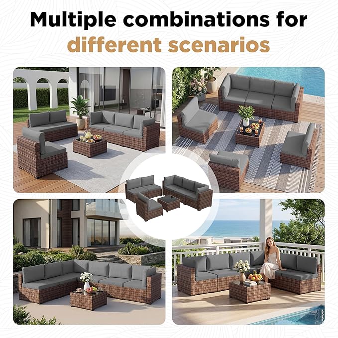 LHBcraft 7 Pieces Outdoor Wicker Rattan Patio Furniture with Rain Cover, Wicker Rattan Outdoor Sectional Sofa Set with Coffee Table & Gery Cushions for Garden, Poolside