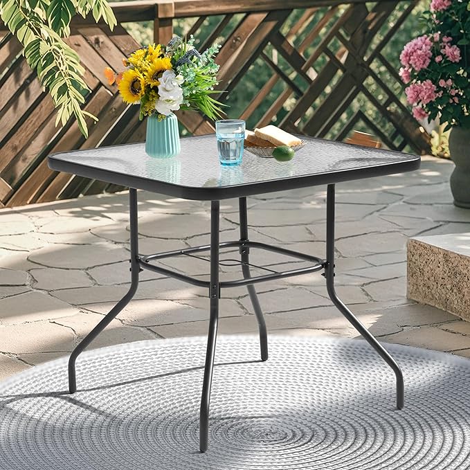 NUU GARDEN 31.5" Square Patio DiningTable, Patio Table with Umbrella Hole, Patio Dining Table with Tempered Glass, Outdoor Dining Tables, Square Patio Table for Balcony,Black