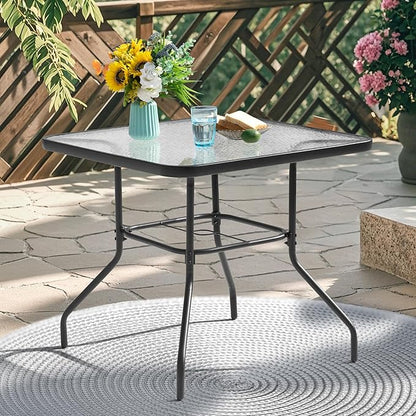 NUU GARDEN 31.5" Square Patio DiningTable, Patio Table with Umbrella Hole, Patio Dining Table with Tempered Glass, Outdoor Dining Tables, Square Patio Table for Balcony,Black