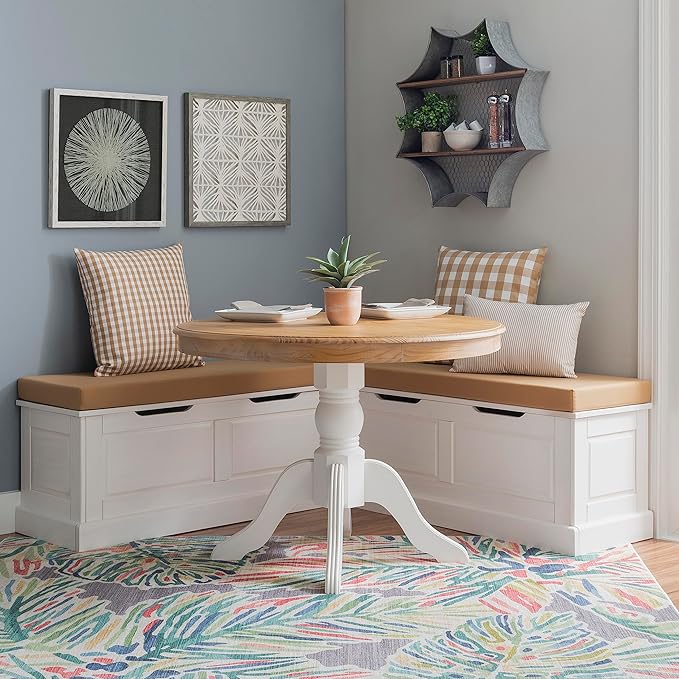 Linon Tobin White Dining Nook with Hidden Storage Includes Beige Cushion Set and Pillows