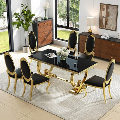 7-Piece Modern Luxury Dining Table Set, 70" Black Tempered Glass Kitchen Table with Gold Polished Stainless Steel U-Shaped Pedestal Base and 6 Black Oval High-Back PU Leather Chairs for Dining Room