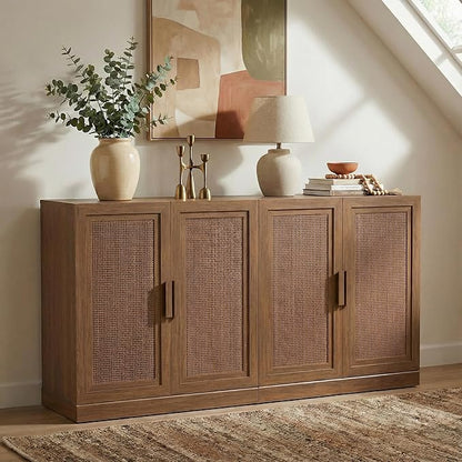 Casaphoria Adam Sideboard Buffet Cabinet with Storage, Sideboard Cabinet with Rattan Doors & Adjustable Shelves, 62" W x 31" H Coffee Bar for Entryway Kitchen Living Room, Walnut