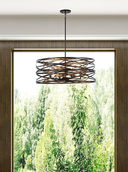 Minka Lavery 4673-111 Vortic Flow Pendant, 6-Light, 360 Total Watts, 26-in H x 10-in W, Dark Bronze with Mosaic Gold Interior