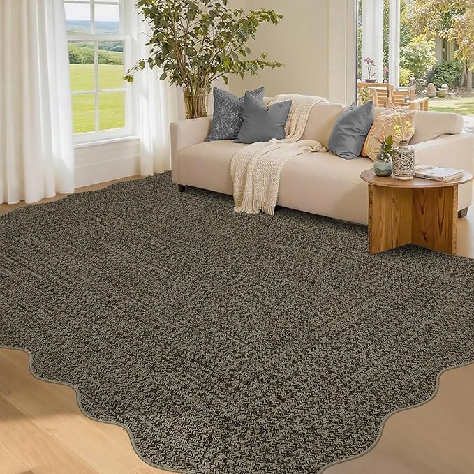 Imitation Braided Collection-Print Scalloped Area Rug 5x7 Washable Rug with Non Slip Rubber Backing Non Shedding Farmhouse Floor Cover, Ultra-Thin Foldable Carpet for Bedroom, Living Room