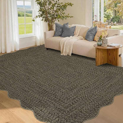 Imitation Braided Collection-Print Scalloped Area Rug 5x7 Washable Rug with Non Slip Rubber Backing Non Shedding Farmhouse Floor Cover, Ultra-Thin Foldable Carpet for Bedroom, Living Room