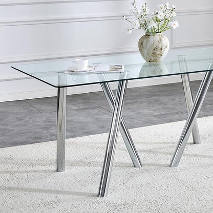 71" Glass Dining Table for 6-8, Modern Dining Room Table with 0.39" Tempered Glass Top and 6 Silver Metal Round Tube Legs, Rectangle Kitchen Dinner Table for Dining Room