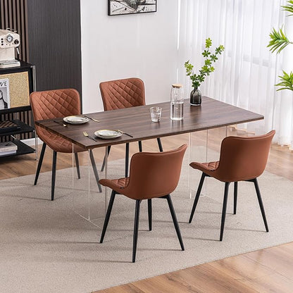 YOUTASTE Mid-Century Modern Dining Chairs Set of 2, Coffee Brown PU Leather Kitchen Accent Chair with Black Metal Legs, for Living Room, Guest Room, Waiting Area