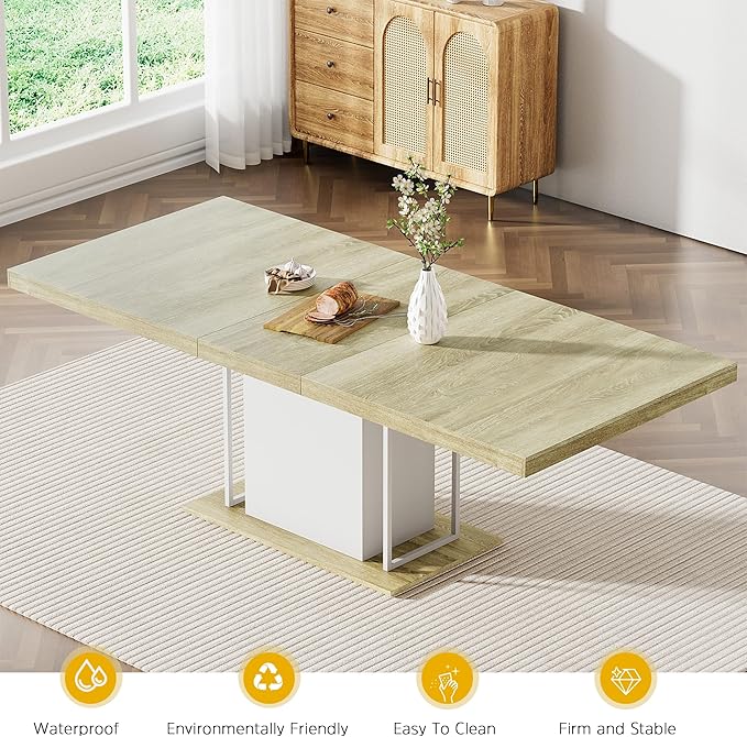 78.74" Wooden Extendable Dining Table for 8-10 People, Modern Farmhouse Expandable Kitchen Table with White Pedestal Base, Long Large Rectangular Extendable Kitchen Dining Room Table, Light Oak