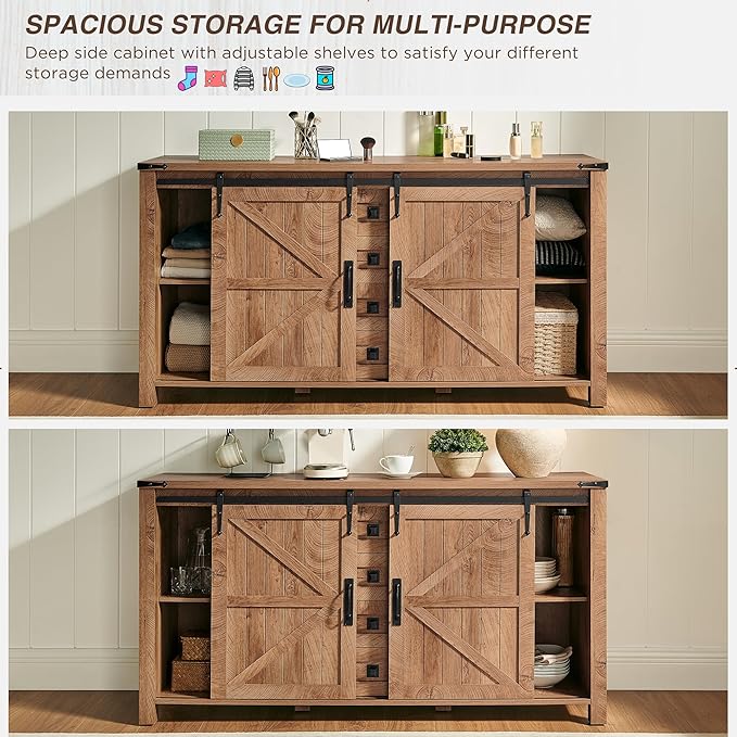 T4TREAM Farmhouse Sideboard Buffet Cabinet with Storage, 60" Large Kitchen Cabinet w/Sliding Barn Doors and 4 Drawers, 31.2'' Tall Wood Coffee Bar Table for Dining Room, Light Tree Knot