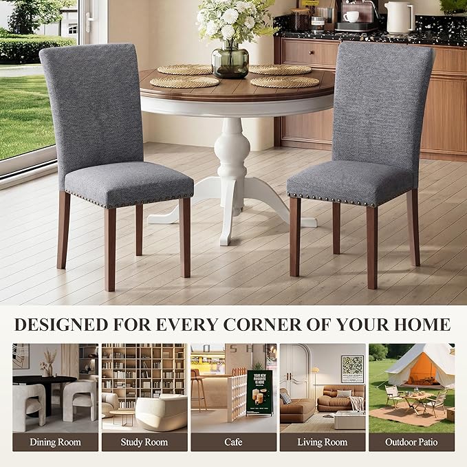 COLAMY Upholstered Parsons Dining Chairs Set of 6, Fabric Dining Room Kitchen Side Chair with Nailhead Trim and Wood Legs - Dark Grey