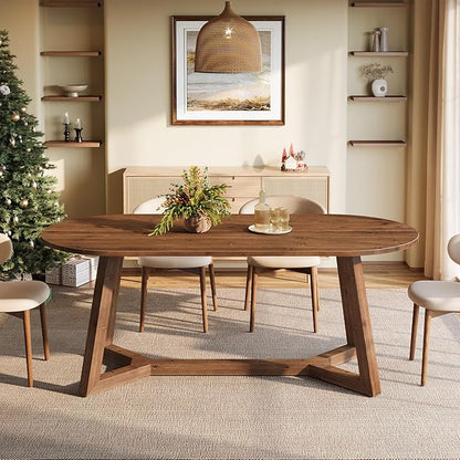 Solid Wood Oval Dining Table for 4-6, 63-Inch Wooden Farmhouse Kitchen Table with Sturdy Tapered Legs for Living Room, Dining Room,Office (Rustic Brown)
