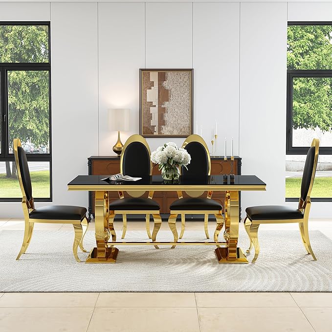 7-Piece Modern Luxury Dining Table Set, 70" Black Tempered Glass Kitchen Table with Gold Polished Stainless Steel U-Shaped Pedestal Base and 6 Black Oval High-Back PU Leather Chairs for Dining Room