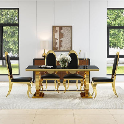 7-Piece Modern Luxury Dining Table Set, 70" Black Tempered Glass Kitchen Table with Gold Polished Stainless Steel U-Shaped Pedestal Base and 6 Black Oval High-Back PU Leather Chairs for Dining Room