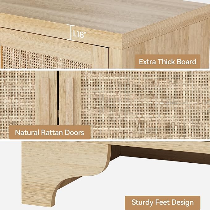 GarveeHome 4-Door Sideboard Buffet Cabinet, Natural Rattan Storage Cabinet, Boho Entryway Console Table, Coffee Bar Station for Dinning Room, Living Room, Kitchen