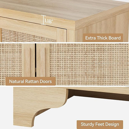 GarveeHome 4-Door Sideboard Buffet Cabinet, Natural Rattan Storage Cabinet, Boho Entryway Console Table, Coffee Bar Station for Dinning Room, Living Room, Kitchen