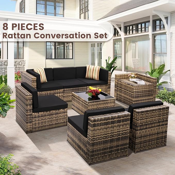 KROFEM 8-Piece Patio Furniture Set, Outdoor Wicker Rattan Sectional with Thick Cushions, Glass Top Table with Hidden Storage, Outdoor Conversation Set for Backyard, Porch, Patio, Black