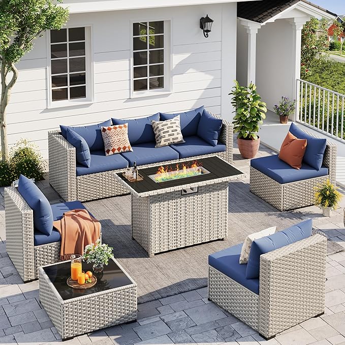 UDPATIO Patio Furniture Set with Fire Pit Table, 8 Pieces Outdoor Sectional Sofa, PE Wicker Patio Conversation Set for Garden, Backyard Blue