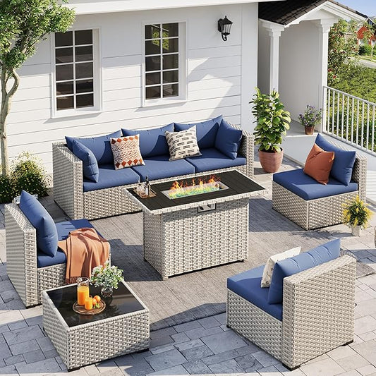 UDPATIO Patio Furniture Set with Fire Pit Table, 8 Pieces Outdoor Sectional Sofa, PE Wicker Patio Conversation Set for Garden, Backyard Blue