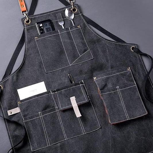 Aoomzoon Canvas Aprons for Men Chef Apron, Work Apron with Large Pockets - 16oz Heavy Duty Cross Back, BBQ, Cooking