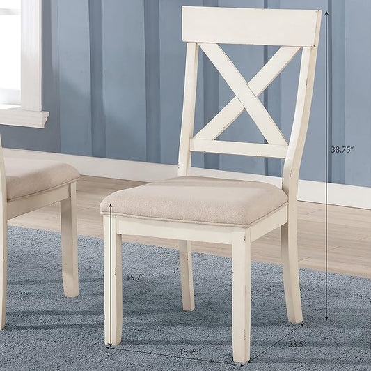 Roundhill Furniture Prato Wood Cross Back Upholstered Dining Chairs, Set of 2, Antique White and Tan