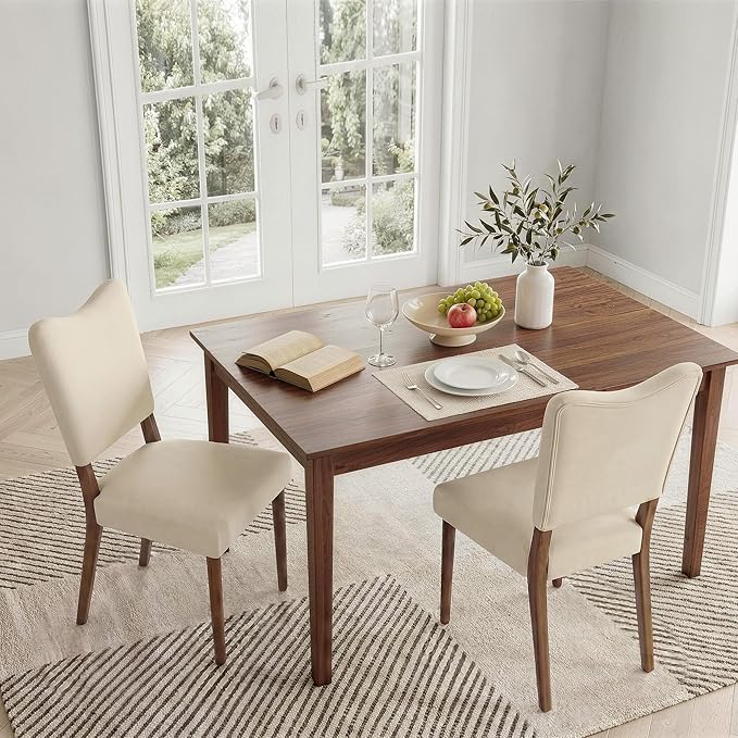 KISLOT Upholstered Dining Chairs Set of 2, Modern Velvet Kitchen Chairs with Solid Wood Legs, High Back Wooden Dining Room Chairs with Dark Walnut Color Legs for Farmhouse Kitchen Dining Room, Linen