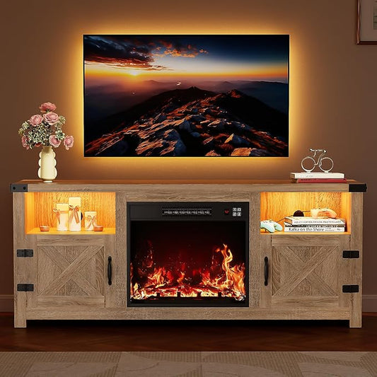 YESHOMY LED Fireplace TV Stand with Mood Lighting, TV Cabinet with Open Shelf, Farmhouse Media Console with Hidden Cable Routing, Entertainment Center for Televisions up to 65+ Inch, Natural Oak