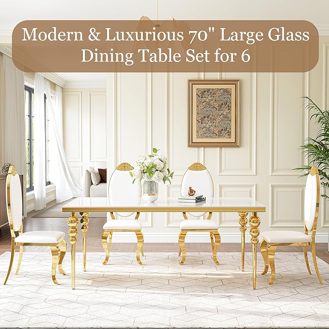 Glass Dining Table Set for 6 People, 7 Piece Dining Table Set with 70" White Glass Kitchen Table and 6 White Carved Back Chairs, for Living Room, Restaurant, Large Party