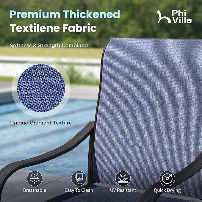 PHI VILLA 5 Piece Patio Dining Set with 4 Outdoor Swivel Dining Chairs & 1 Large Round Dining Table, All Weather Blue Textilene Mesh Fabric Chair and Round Metal Table for Deck Lawn Garden