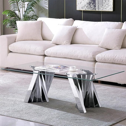 Glass Coffee Table, 51 Inch Rectangular Tempered Glass Living Room Table with Stainless Steel Legs, Mid Century Modern Coffee Table for Office, Silver