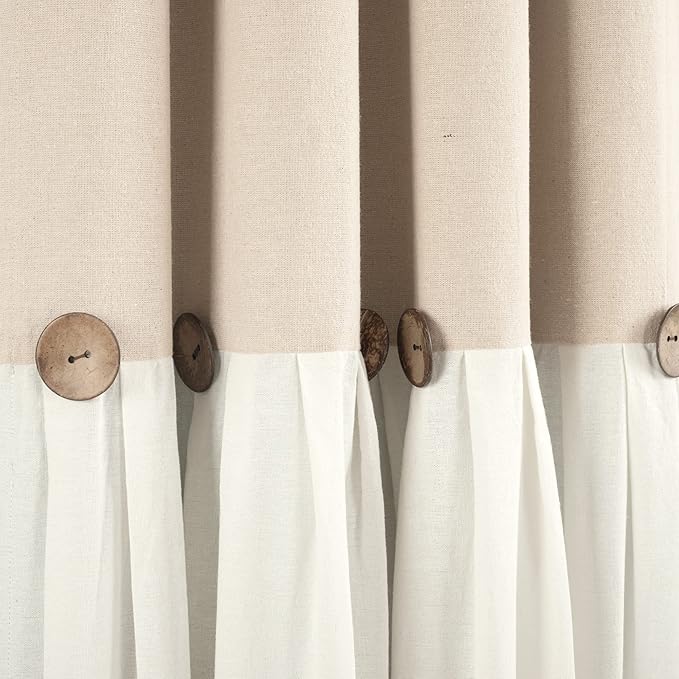 Lush Decor Linen Button Window Curtain Panel, Single, 40" W x 84" L, Linen - Country Curtains - Rustic Decor - Color Block Modern Farmhouse Curtains For Living Room, Bedroom & Dining Room