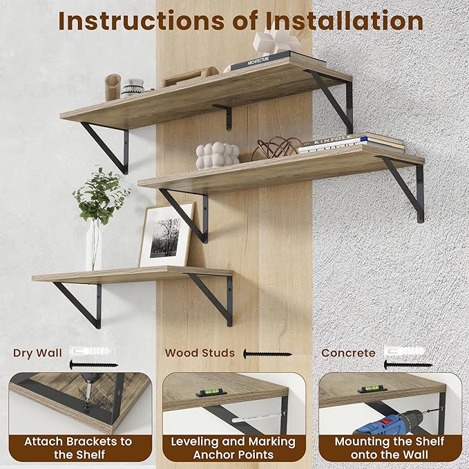 8" Deep Floating Shelves for Wall,16 inch Wood Wall Shelves Set of 2,Wide Floating Bookshelf with Sturdy Metal Brackets,Hanging Storage Floating Shelf for Living Room,Bedroom,Bathroom,Office,Grey