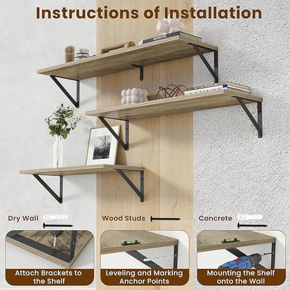 8" Deep Floating Shelves for Wall,16 inch Wood Wall Shelves Set of 2,Wide Floating Bookshelf with Sturdy Metal Brackets,Hanging Storage Floating Shelf for Living Room,Bedroom,Bathroom,Office,Grey