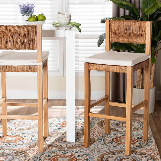 Bali & pari Pava Woven Seagrass Bar Stool - Solid Mahogany Wood Stool with Textured Back, Coastal Boho Seating for Kitchen or Lounge, Bar Height