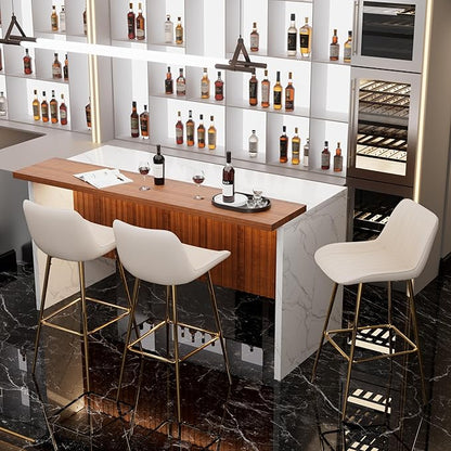 Modern Bar Table and Bar Stools Set, Marble-Look Counter Table with Wood Accent Top & Beige Velvet Bar Chairs Set of 3 with Gold Legs, Kitchen Island Pub Table Set for Home Bar, Dining Room