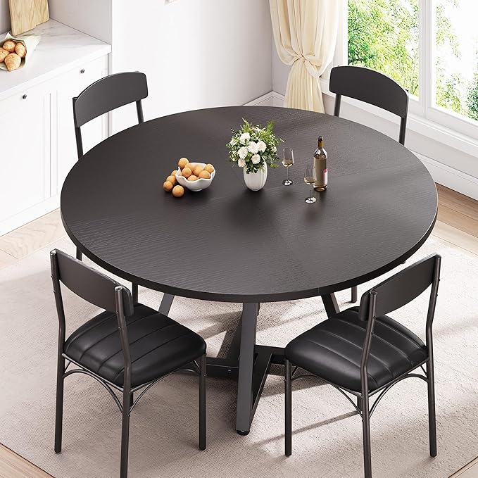 Jocoevol 51“ Round Kitchen Dining Room Table for 6-8, Circle Dining Dinner Table with Pedestal Metal Frame, Space Saving Wood Industrial Furniture for Small Space (Black, 51In)
