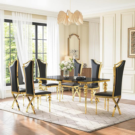Glass Dining Table Set for 6, Luxurious 70 Inch Rectangular Kitchen Table with Black Tempered Glass Top, 6 Black PU Leather Cushion Chairs for Dining Room, Restaurant, Living Room