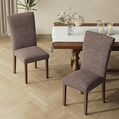COLAMY Upholstered Dining Chairs Set of 6, Parsons Nailhead Dining Room Kitchen Chairs with Wood Legs - Brown