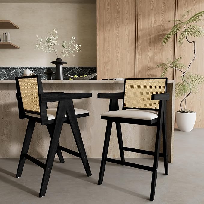 Modern Dining Chairs,Sturdy Rubberwood Frame with Woven Cane Backrest,Set of 2,Stylish Simple Natural Design,Applicable To Front Porch,Outdoor Lounge,Kitchen Island Bar Stools,Versatile Use,BlackNatur
